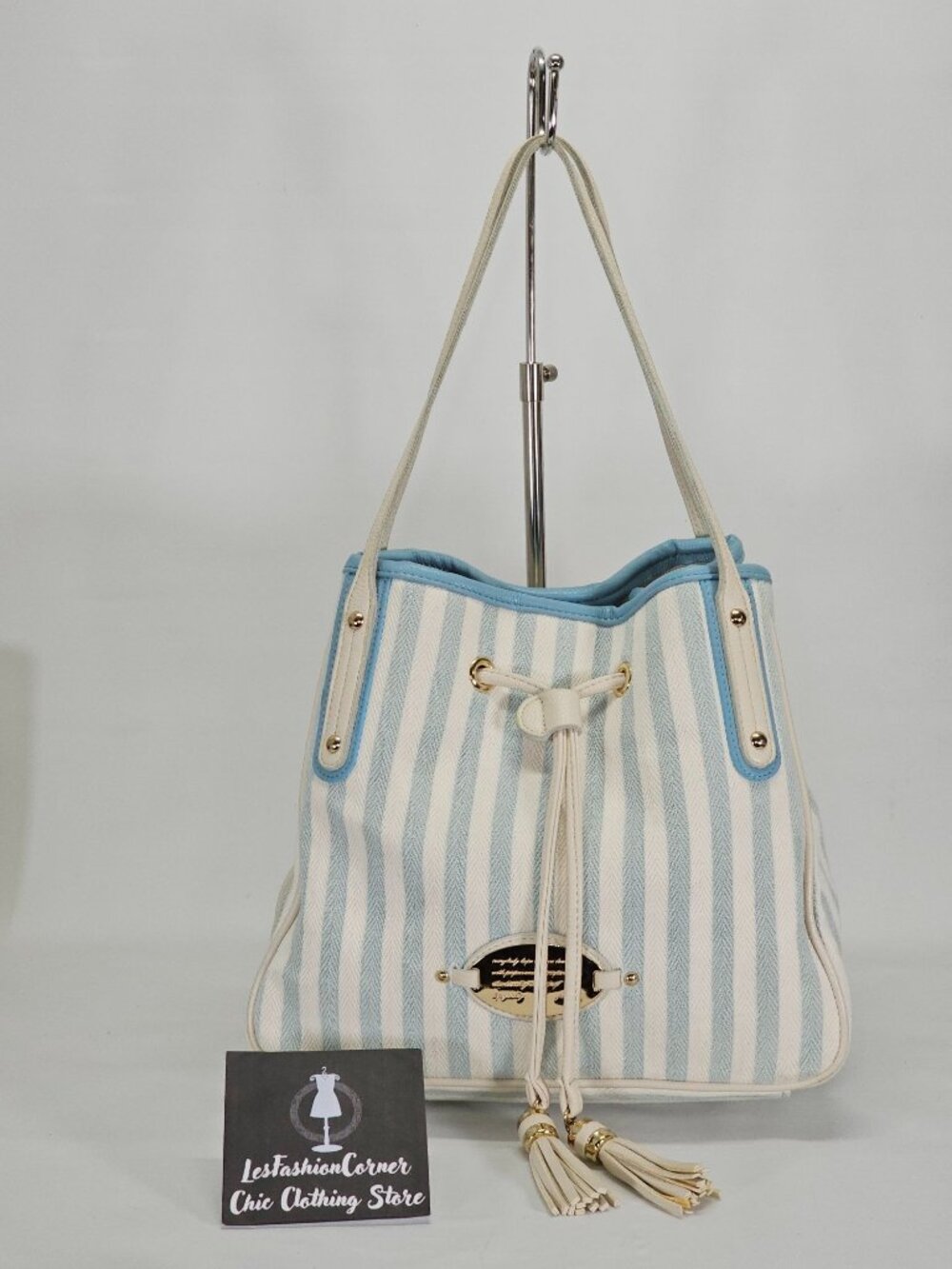 J. Pot Women's Light Blue Canvas Casual Striped Handbag Size Medium 2056